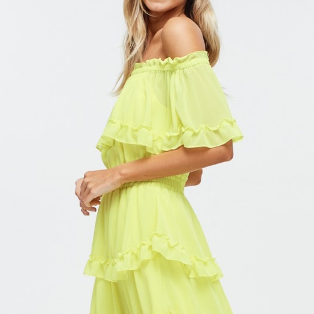 SALE! Neon Ruffled Off the Shoulder Chiffon Dress - Picture 5 of 8
